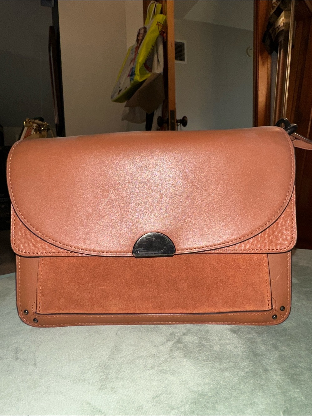 Coach Leather Crossbody in Warm Tan and Burgundy Trim